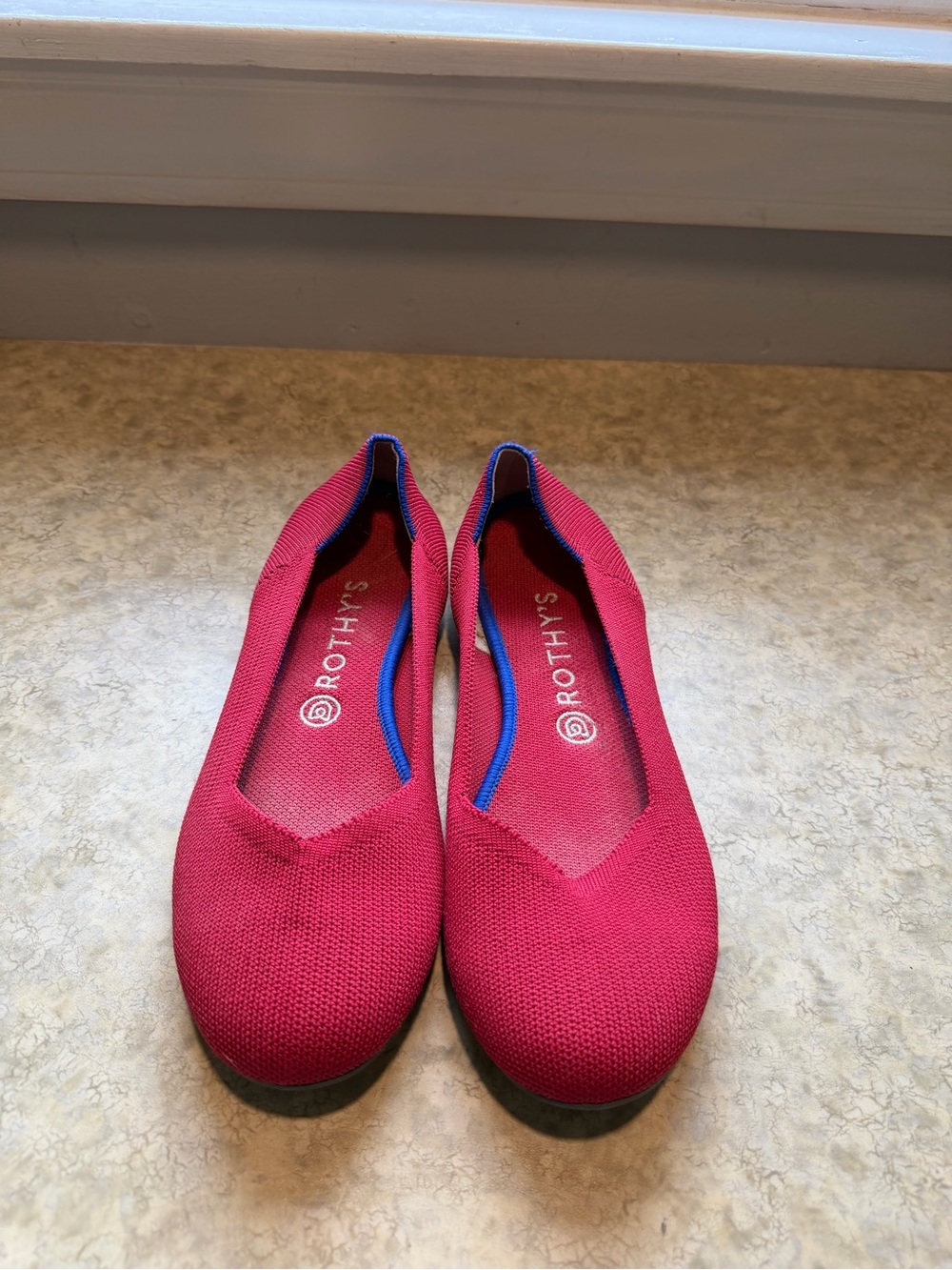 Rothy's Women's Berry Knit Ballet Flats with Blue Trim